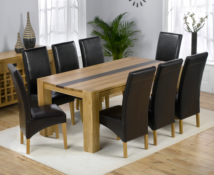 Beatrice Oak Dining Table with Walnut Strip + 8 Leather Chairs